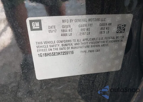 2017 Chevrolet Cruze Lt Auto из США, поврежденный, VIN 1G1BH5SE3H7259116